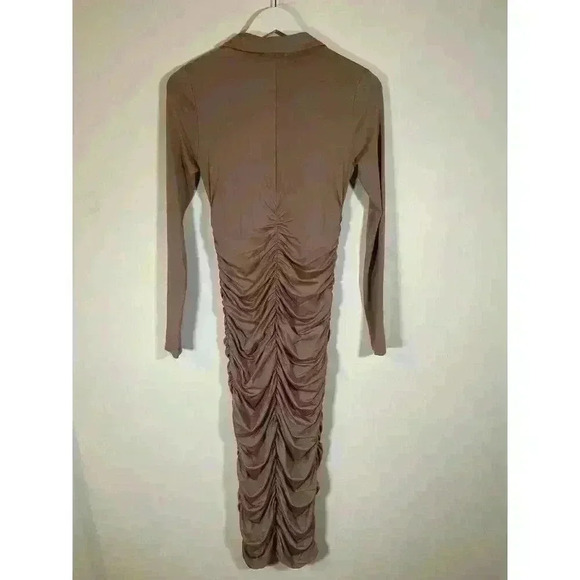 Edit By Nine Women's Ruched Bodycon Long Sleeve Dress Pencil Maxi Beige Size Med - Picture 2 of 5